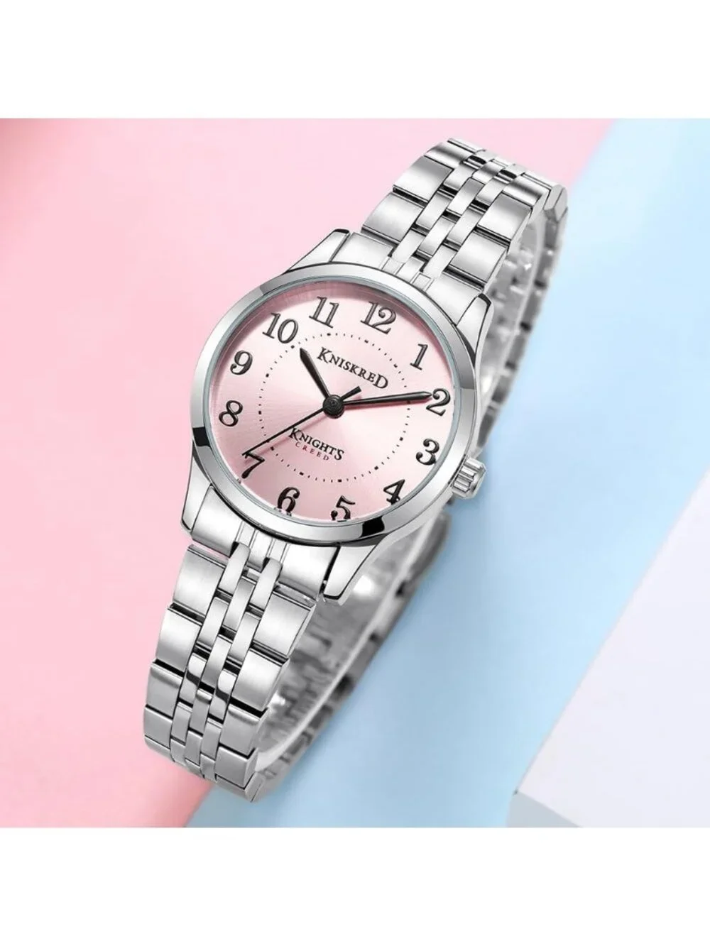 Women's Silver Pink Solid Stainless Steel Band Easy to Read Dial Wrist Watch
